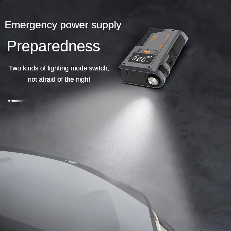 Jkuoo Portable Car Jump Starter and Tire Inflator - USB rechargeable, with LED display, flashlight, and power bank.