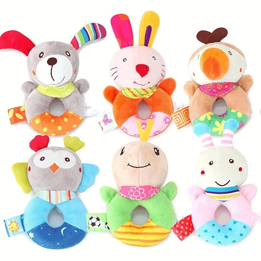 Round hand rattle baby toy with adorable cartoon animal design, a plush and cute option for your little one.