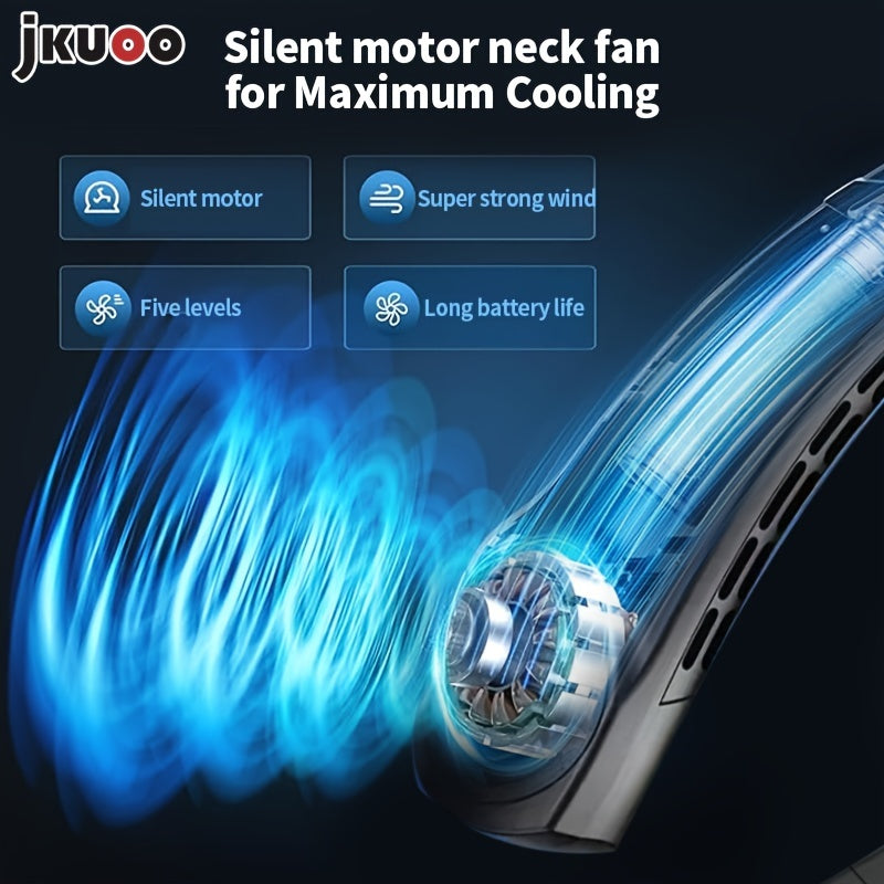 Stay cool on-the-go with the JKUOO Portable Neck Fan! This mini fan features a noise reduction system and is USB rechargeable for convenient use. The hands-free design allows for personal cooling with button control. Made of durable plastic material