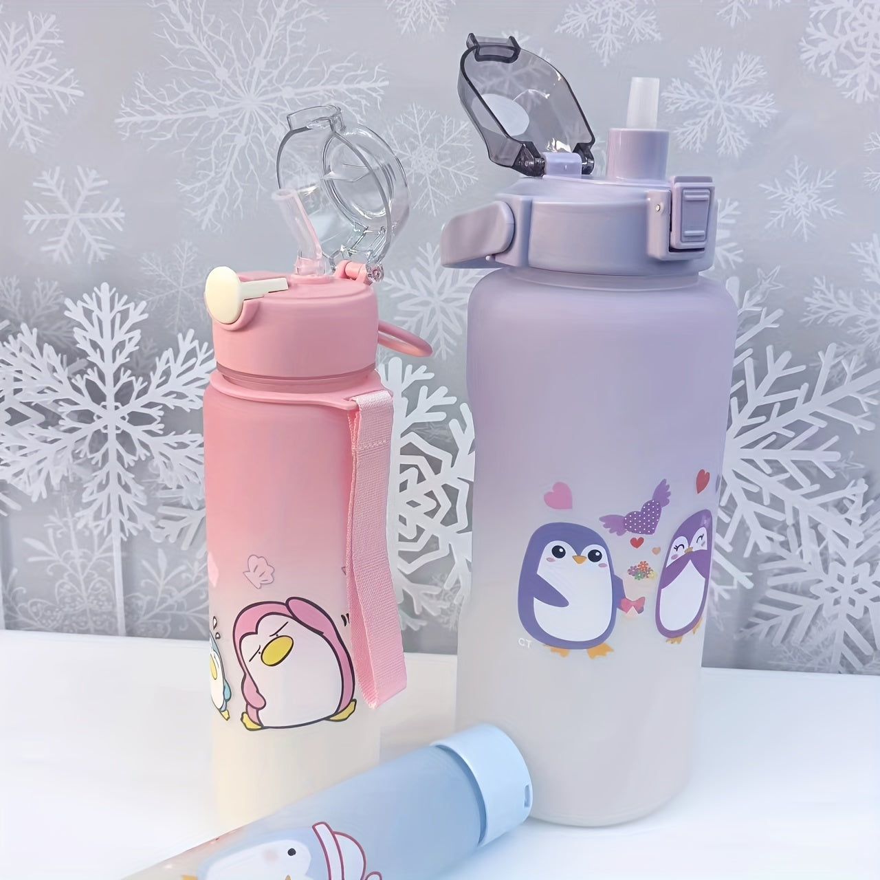 Cartoon cute sports water bottles in multiple sizes, ideal for gifts and use in various settings such as office, school, gym, and outdoor activities.