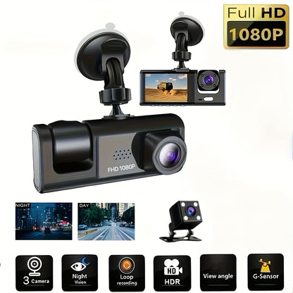 3-Channel Dash Cam with Front and Rear Interior cameras, 1080P resolution, IR Night Vision, and Loop Recording. Includes 5.08 cm IPS Screen.