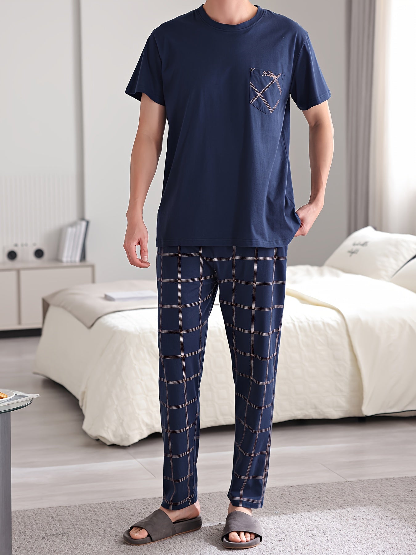 Men's Plus Size 2-Piece Cotton Pajama Set with Short Sleeve Shirt & Plaid Print Trousers, Cozy and Skin-friendly Loungewear