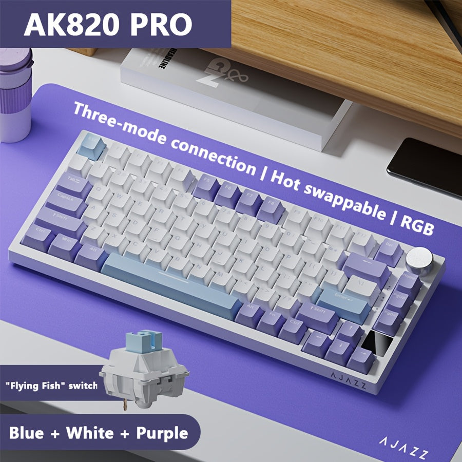 AJAZZ Wireless Mechanical Keyboard with RGB Backlight, 75% Layout, Hot-Swappable PBT Keycaps, Wireless & USB Charging for Gaming and Office Use.