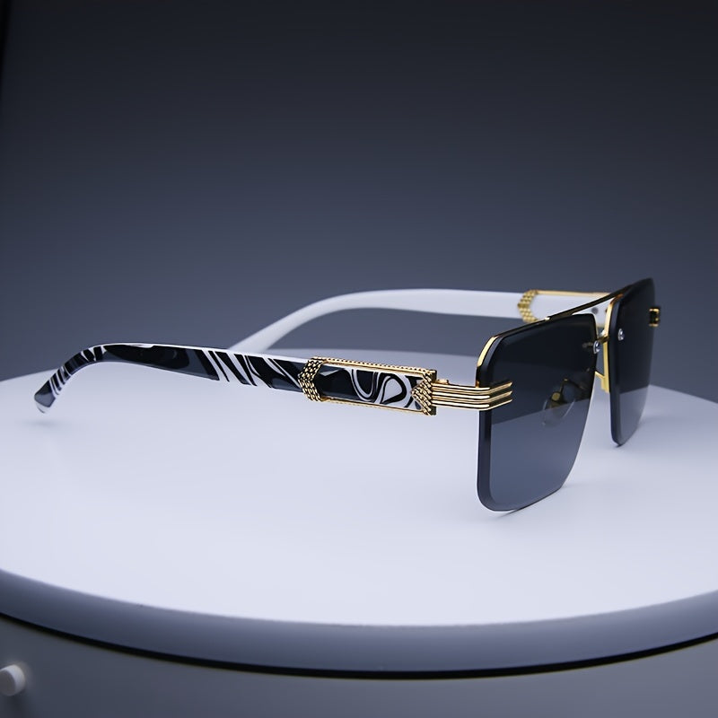 Men's fashion glasses with retro design, diamond cut edges, marble wood accents, ideal for activities, with rectangular rimless design.