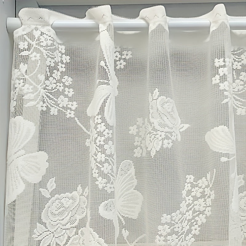 Elegant White Lace Butterfly Floral Curtain - Designed with UV Protection, Rod Pocket for Easy Hanging in Kitchen & Living Room Décor