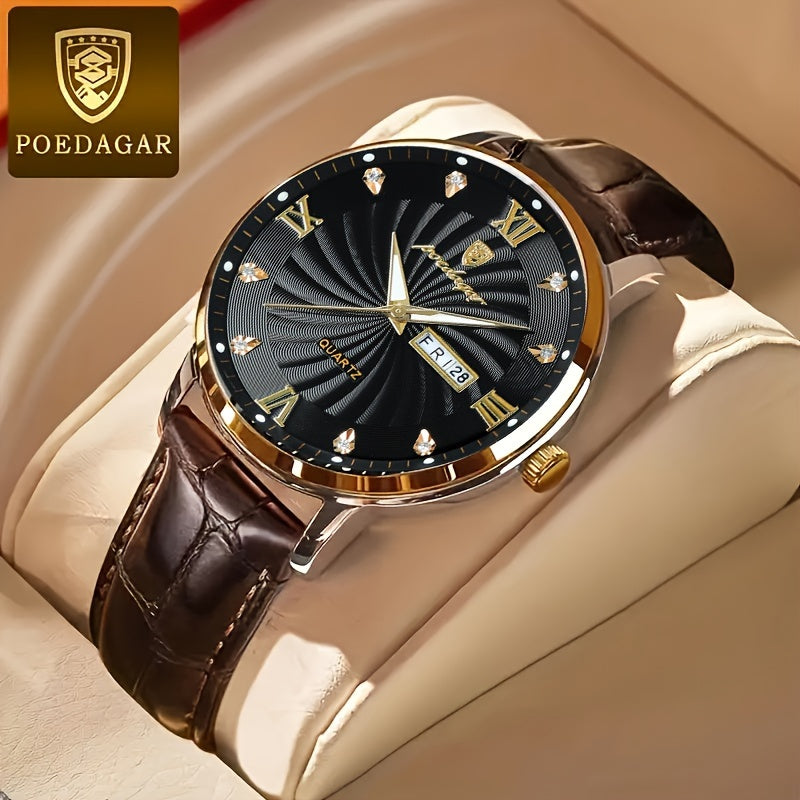 POEDAGAR Men's Business Quartz Wrist Watch with Luminous Dial, Ultra-Thin Design and Scratch-Resistant Window, suitable for daily wear and special occasions.