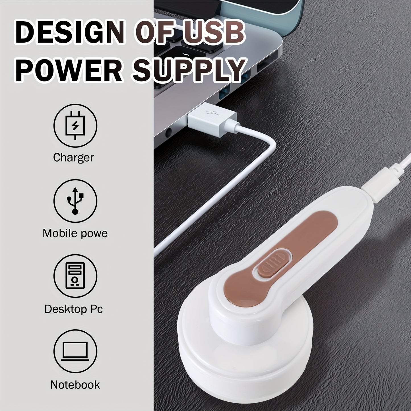 Portable rechargeable electric lint remover effectively removes pill fuzz from clothing, furniture, and carpet with USB cable and cleaning brush.