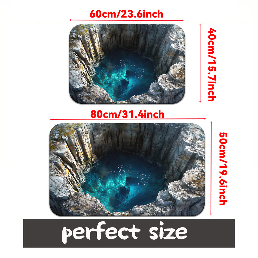 High definition 3D visual effect door mat made of non-slip, machine washable polyester. Absorbent microfiber material ideal for bedroom, living room, and bathroom. Suitable for camping