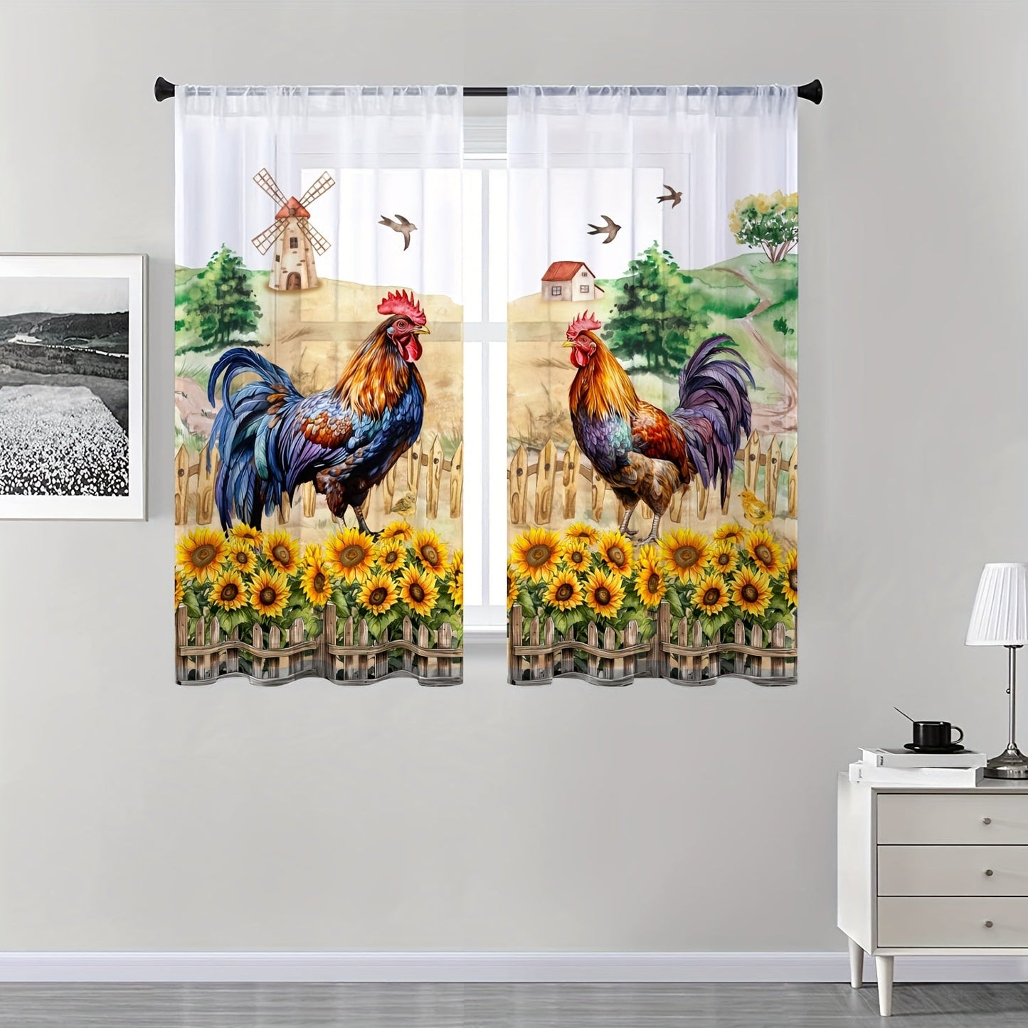 Rustic Farmhouse Chicken and Sunflower Curtain Set - 1 Valance and 2 Tiers, Pastoral Style, Rod Pocket Tulle Curtains for Bedroom, Office, Kitchen, Living Room, Study - Home Decor Window Decoration