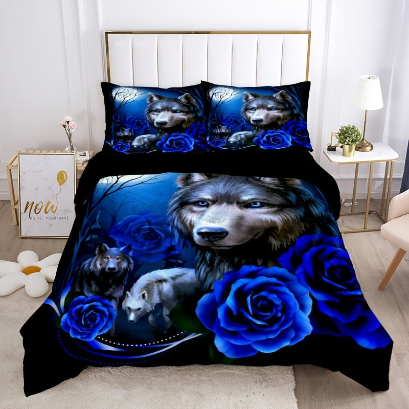 Fashionable 3-piece Duvet Cover Set featuring a striking Wolf Blue Rose Print design. This bedding set is made of soft, comfortable, and breathable material, perfect for adding style and comfort to your bedroom or guest room. Set includes 1 Duvet Cover