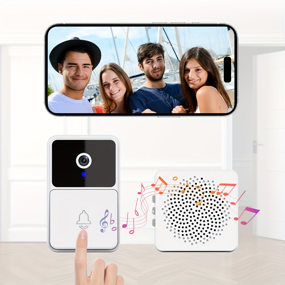 Wireless smart doorbell with HD camera, night vision, two-way audio, and app control.