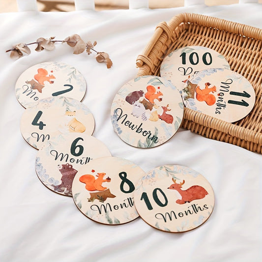 Wooden Milestone Coasters featuring Forest Animals - Perfect for Capturing Growth Month Photos and Creating Lasting Memories in Baby's First Year