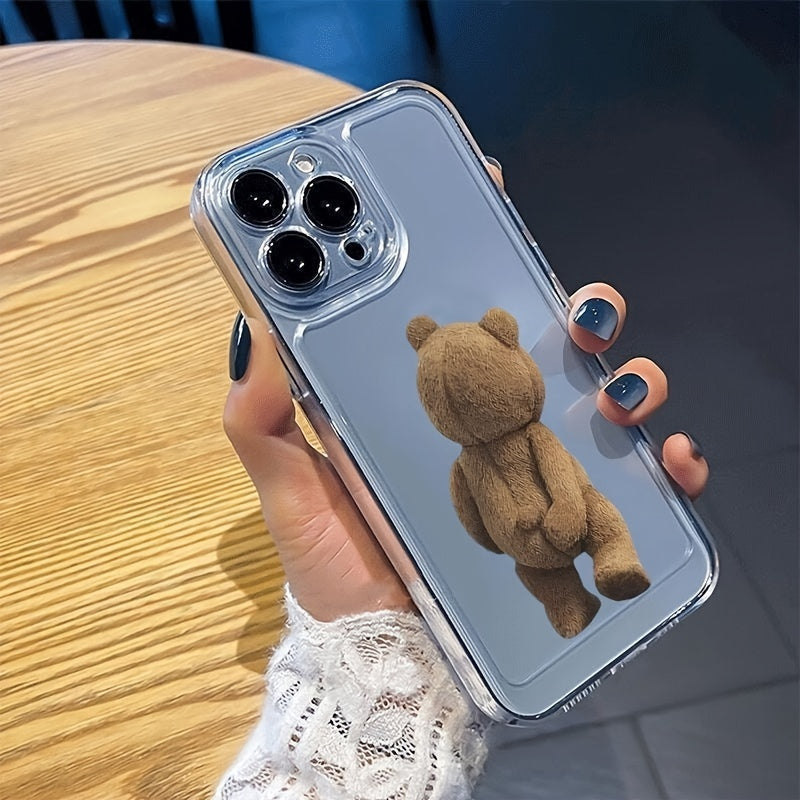 Transparent TPU phone case featuring a cartoon teddy bear design, compatible with various iPhone models.