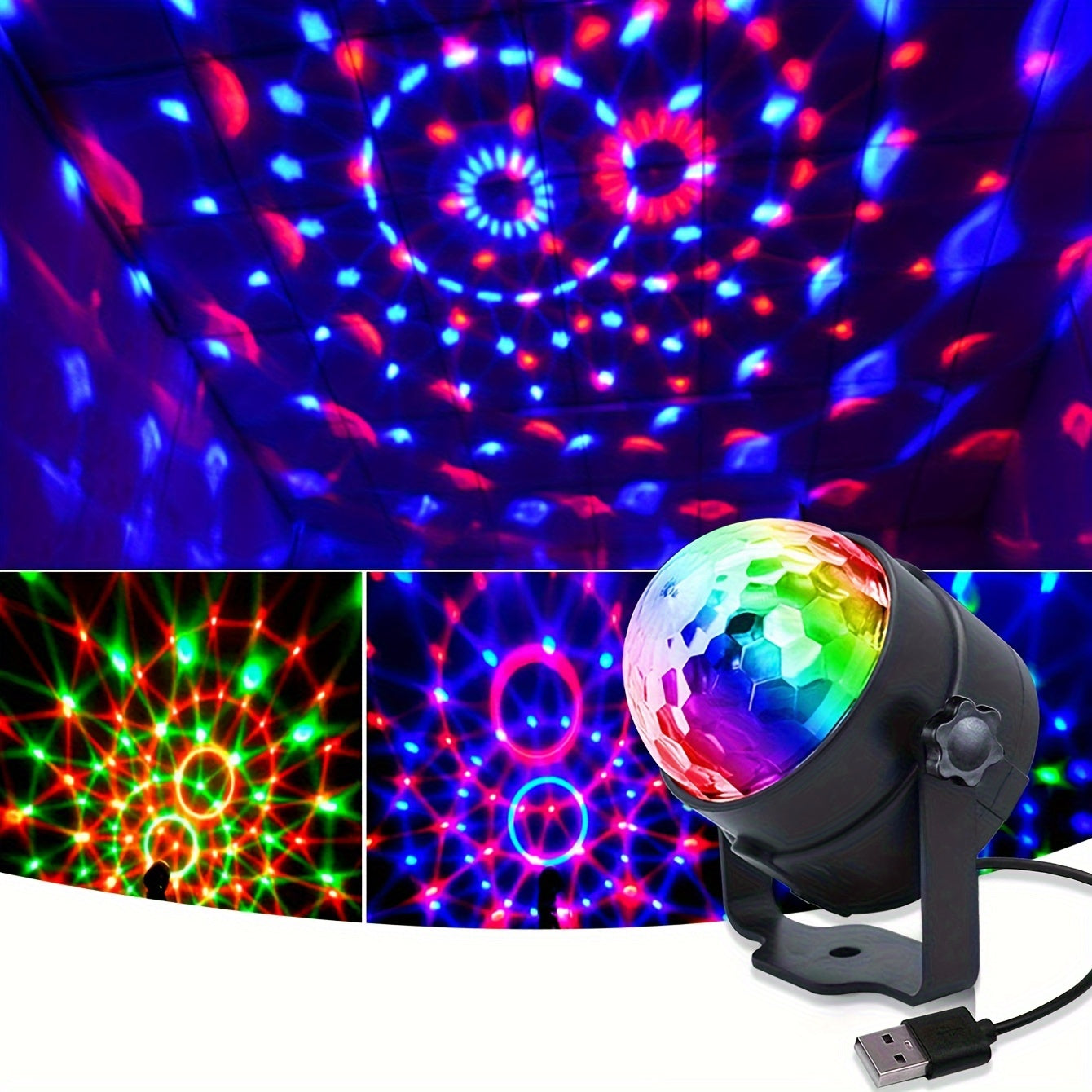 USB powered disco ball lamp set with RGB LED lights and music rhythm control. Polished finish countertop magic ball for flashing indoor DJ lighting in various room types. Made of plastic, no remote control.