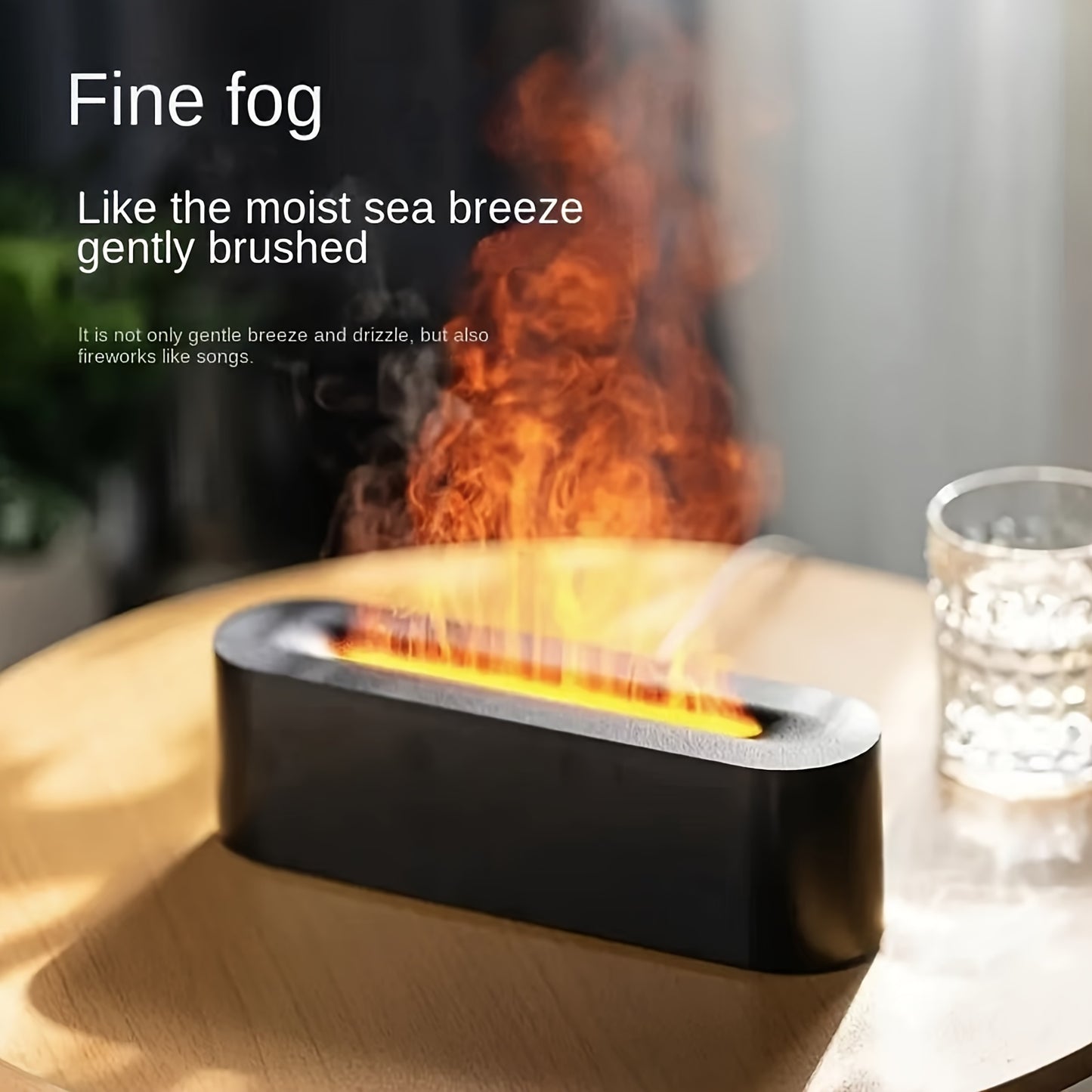 Simulated flame humidifier with colorful light, 150ml tank, USB powered, 3D fire effect, perfect for home or office, push button control, covers 10-20m2, 3 speed settings, atomization mode.