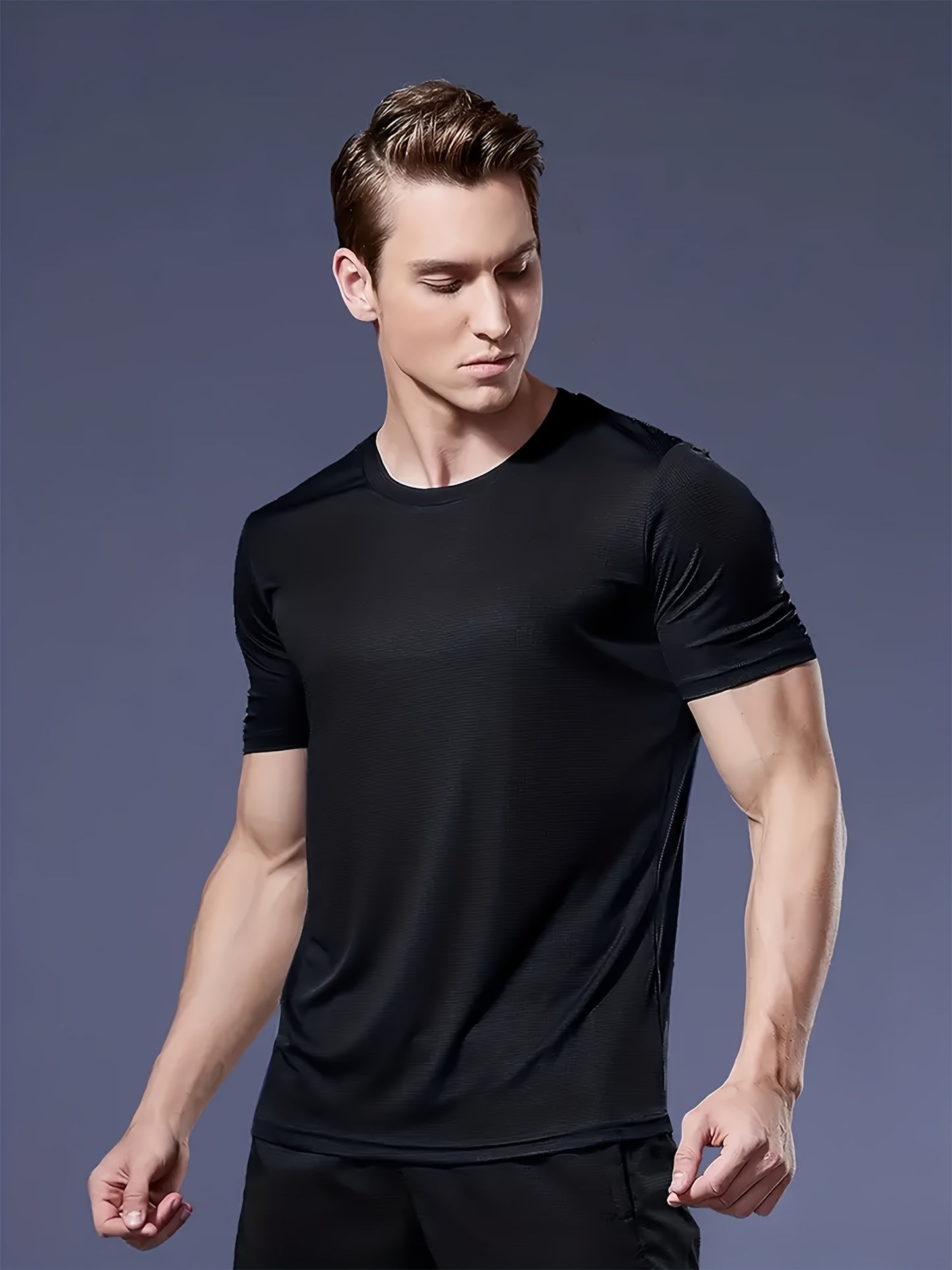 Men's 5-pack athletic T-shirts made of quick-dry, breathable, moisture-wicking polyester. Lightweight and comfortable for gym, running, and workouts. Solid color with regular fit, suitable