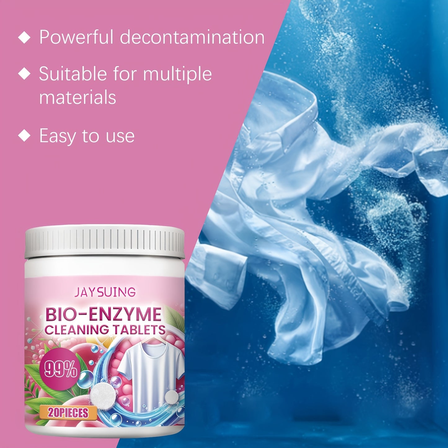 20-Pack Bio-Enzyme Stain Remover Tablets for RV and Home use, eliminates stains and odors while keeping fabrics fresh.