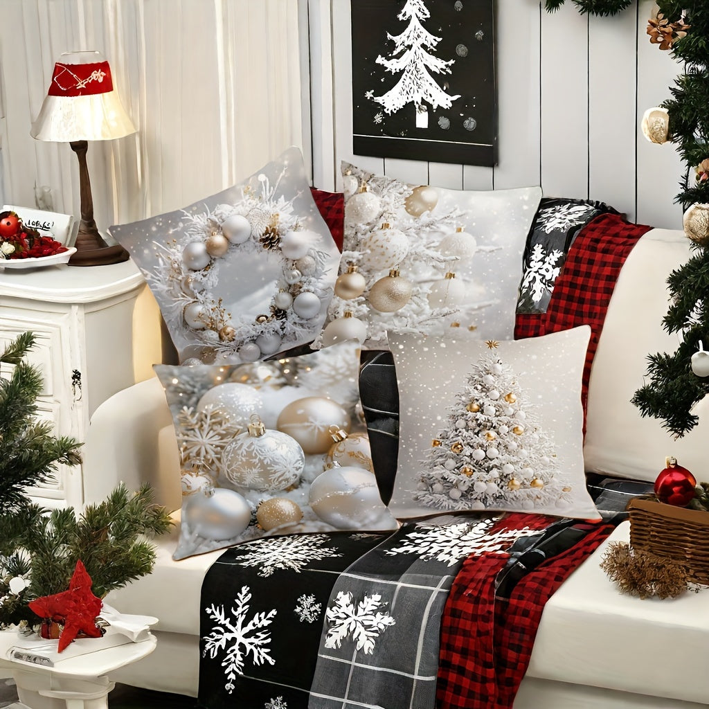 4-Pack Christmas throw cushion covers featuring festive wreath and tree prints on soft polyester fabric with zipper closure. Decorative woven pillowcases for living room, washer safe, size 44.96 cm.