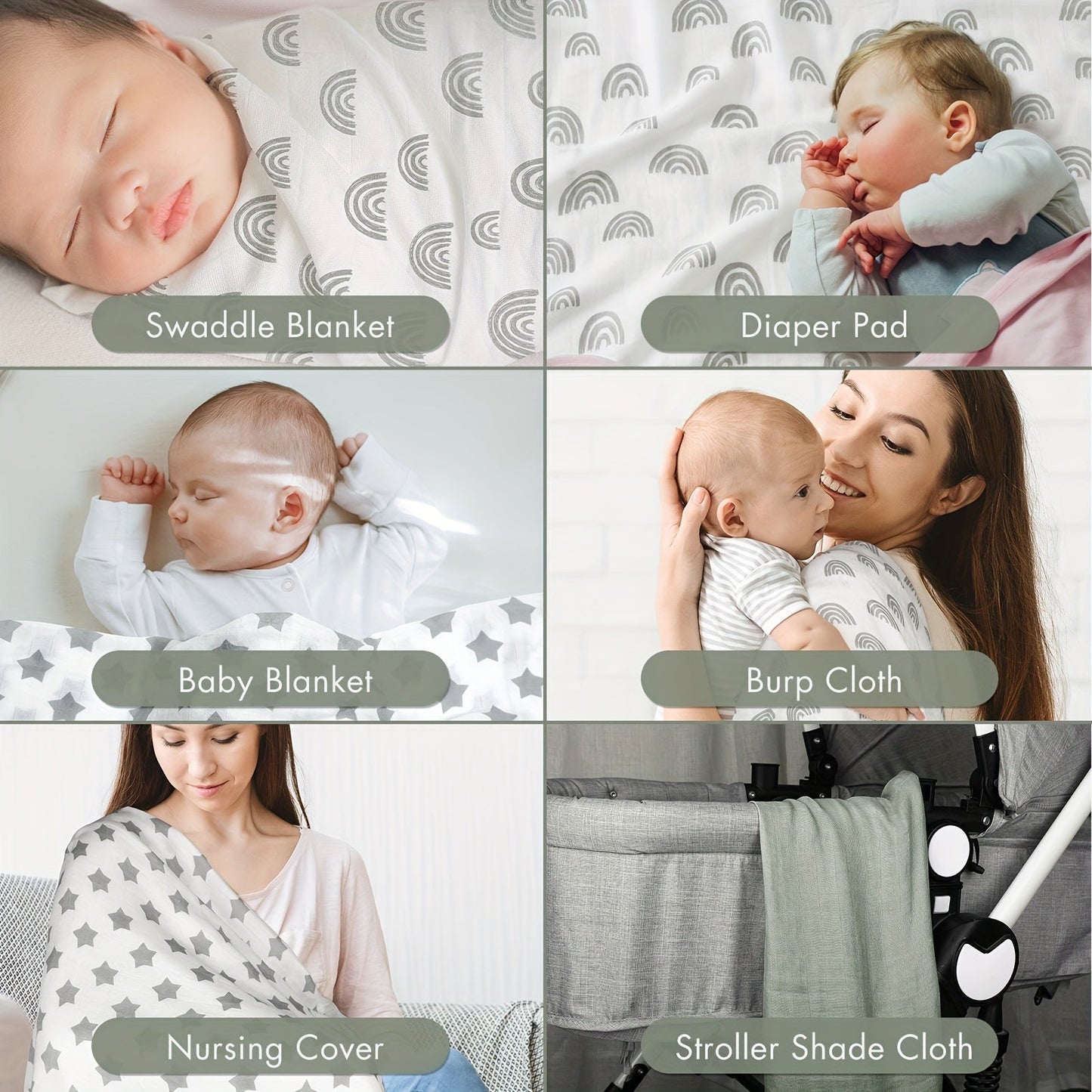 Six pieces of receiving blankets made from cotton muslin, designed to be breathable, soft, and thin for maximum comfort. These absorbent covers are perfect for keeping your baby cozy and dry.