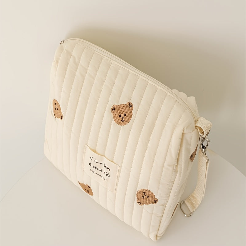 Embroidered Cotton Mommy Bag with Zipper Closure for Stroller Hanging, suitable for Diaper Bag use.