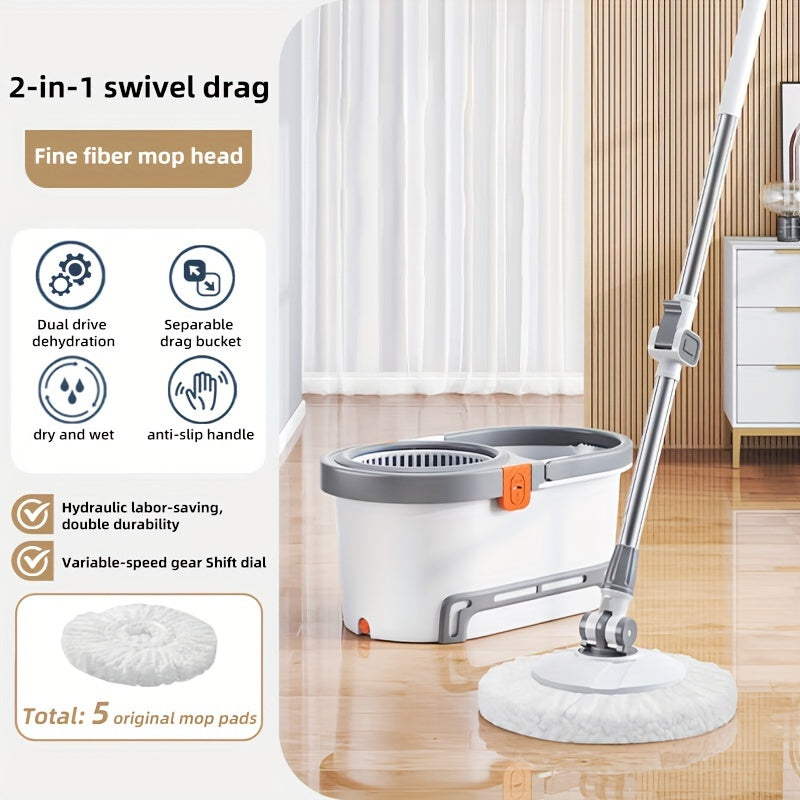 360° Rotating Mop Bucket System with 5 Super Fine Fiber Mop Replacement Heads and Stainless Steel Adjustable Handle - Perfect for School Bathrooms and Home Cleaning Tasks