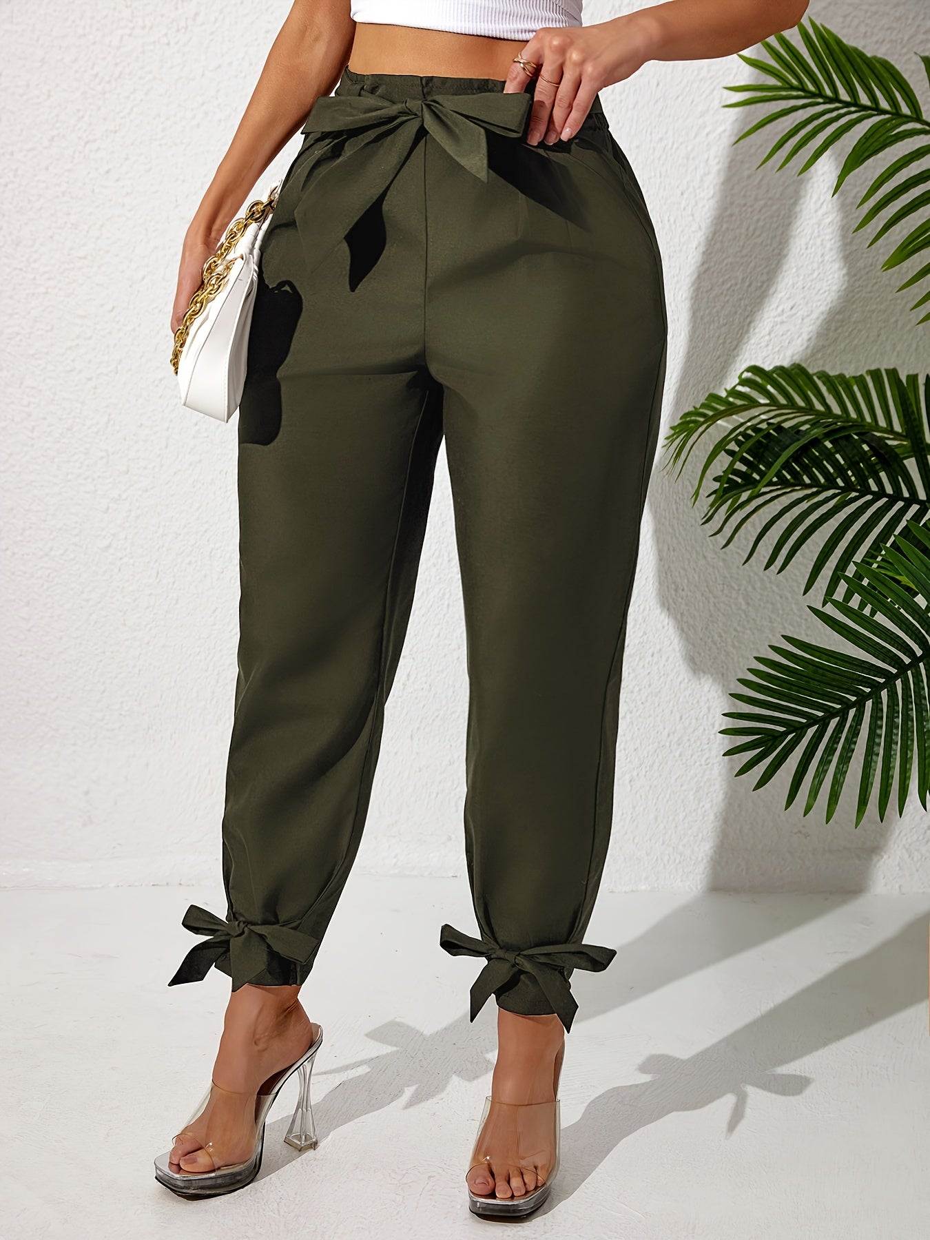 Solid straight leg pants with elastic drawstring waist and elegant bow detail. Perfect for spring and summer in plus size.