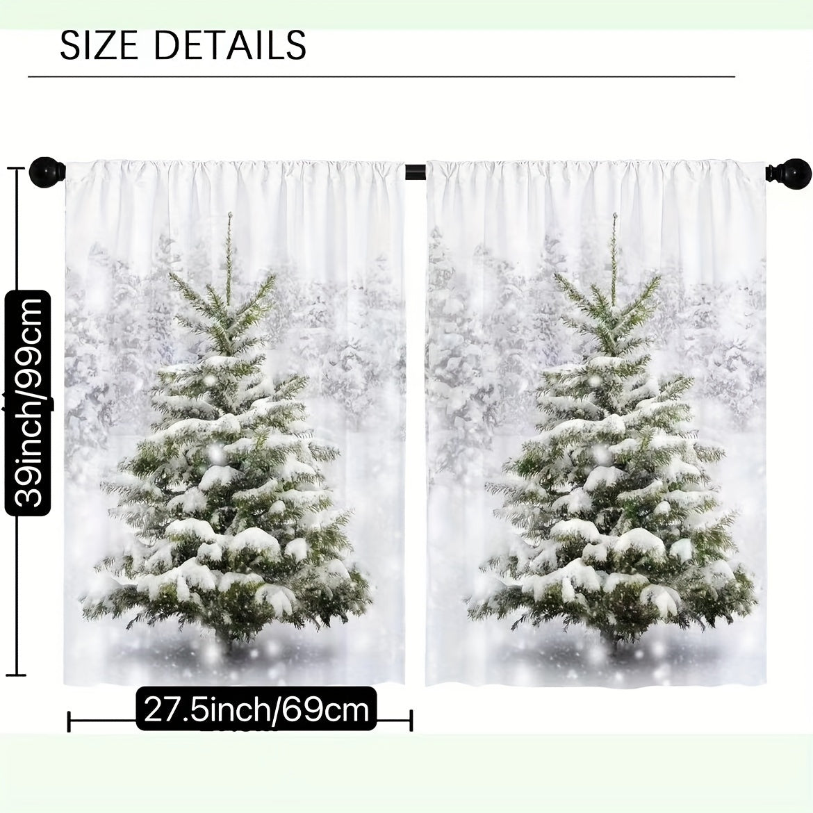 Set of 2 Christmas Green Cafe Curtain Tiers with Pine Tree and White Snow Design, Washable Polyester Material, Soft Curtains for Living Room, Office, Kitchen, and Home Decor