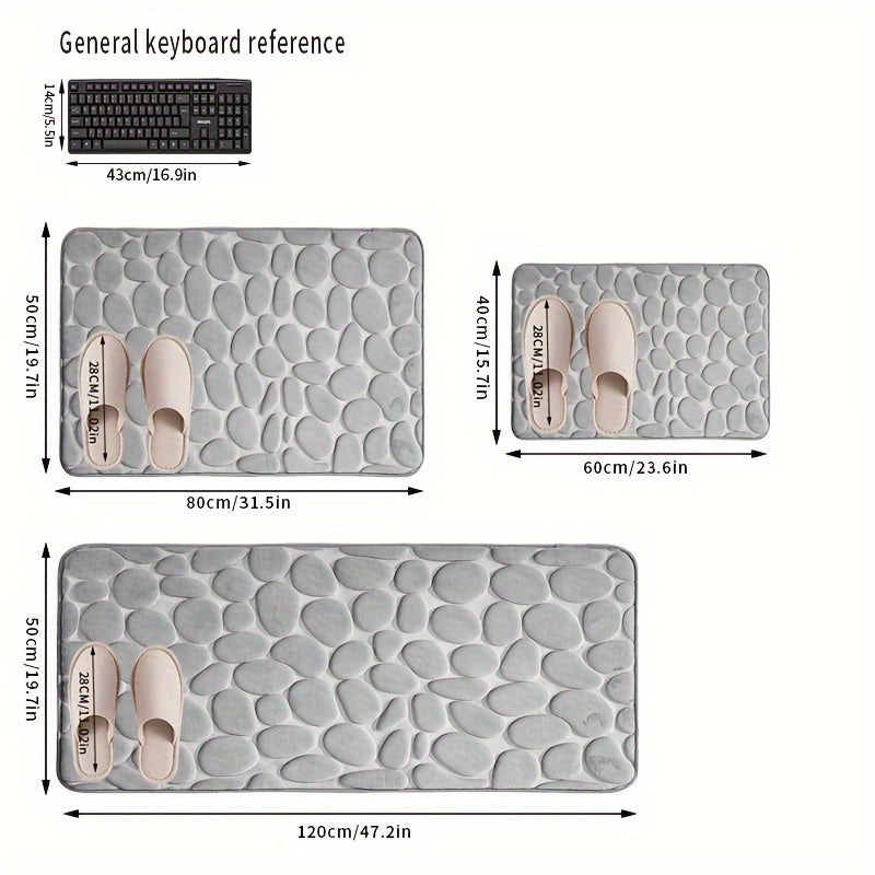 Soft, non-slip coral fleece bathroom mat in a pebble pattern. Quick-dry, machine washable, and low pile for comfort and home decor. Made of plush polyester fiber with knit fabric and 100% polyester material. 570gsm and 1.4cm thick.