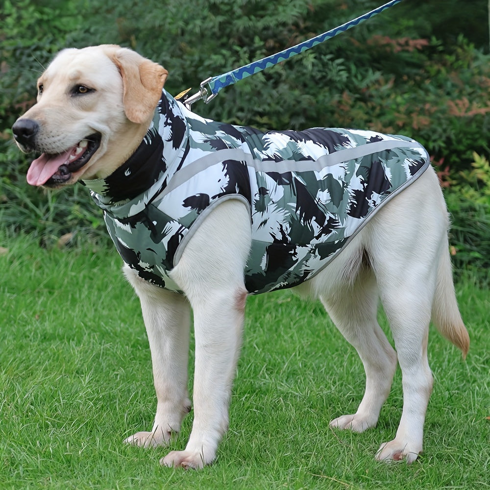 Windproof and waterproof dog jacket with reflective strips for all breed sizes, perfect for outdoor activities.