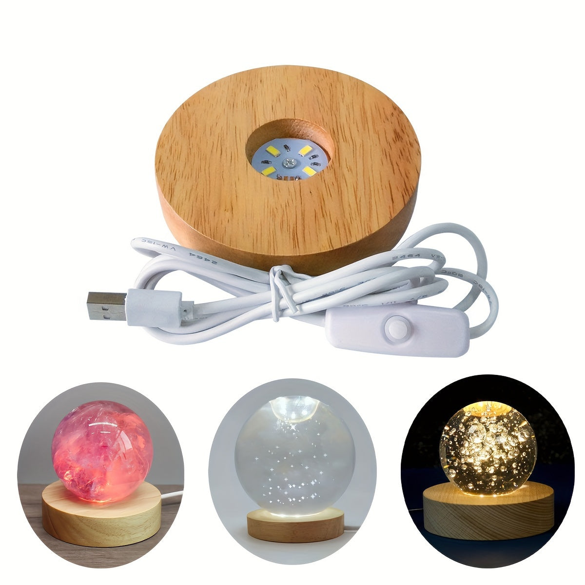 Handmade LED night light with wooden lamp holder and crystal ball base.