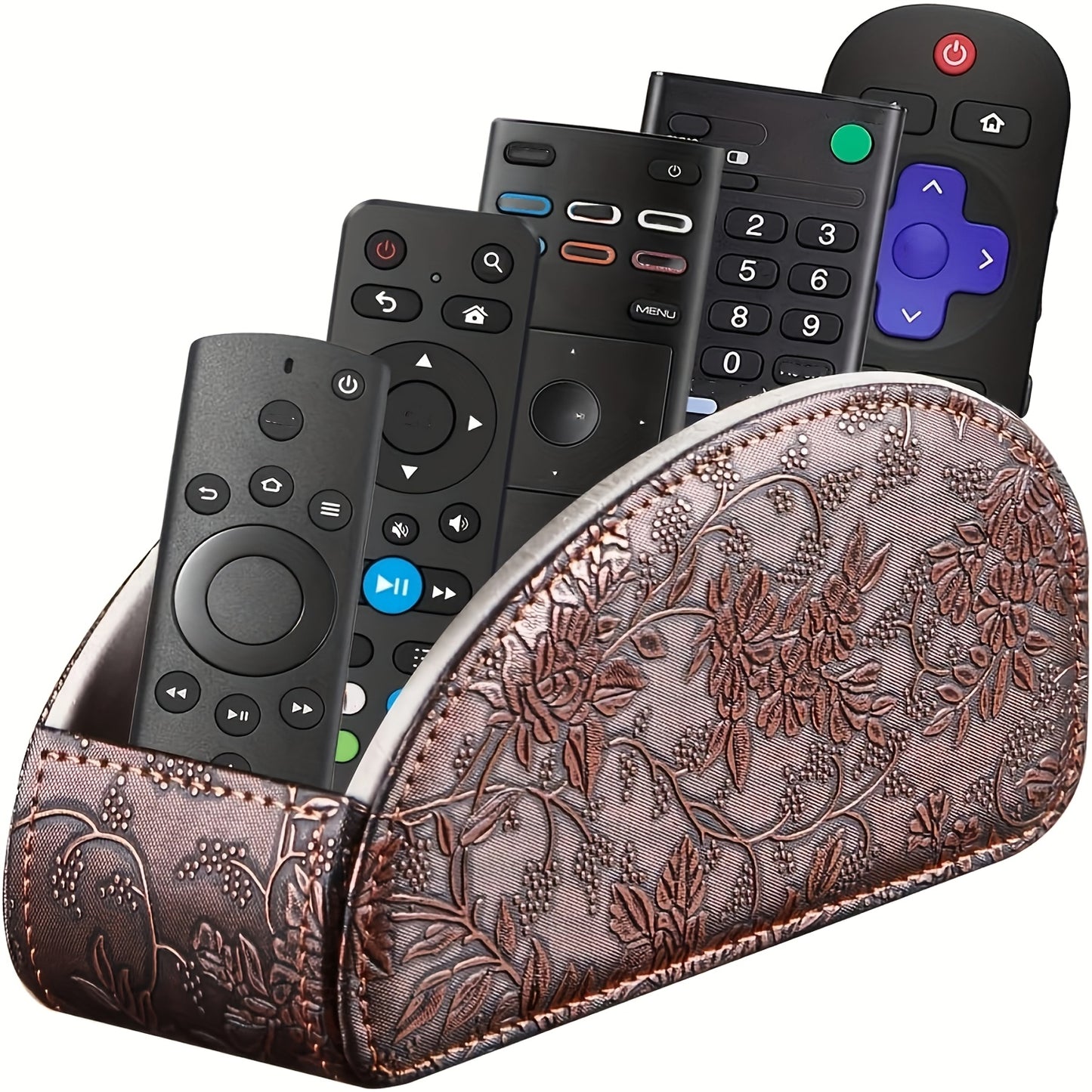 Compact faux leather remote control holder with 5 compartments for TV remotes, game controllers, and office supplies. Perfect for organizing on nightstands, desks, and tabletops. Ideal for home storage.