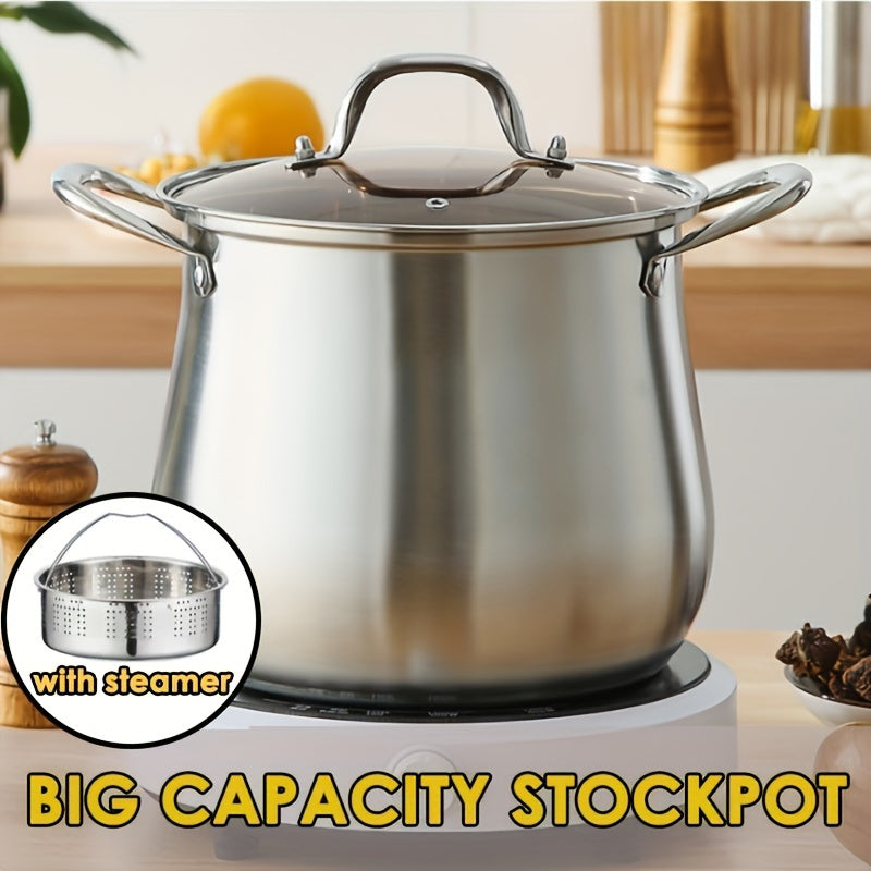 Highly sophisticated 9.4QT Stainless Steel Stockpot Set including a Steamer - Generous Capacity, Featuring a Tempered Glass Lid & Riveted Handle - Strong, Suitable for Gas Stoves, Top-quality Kitchen Utensil