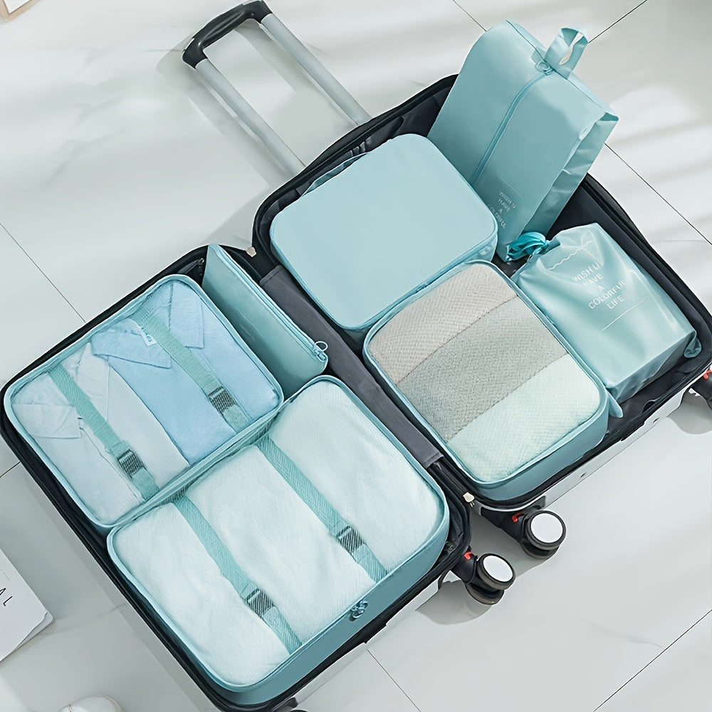 Waterproof travel organizer bag, includes seven pieces for clothes, pants, shoes, and socks.