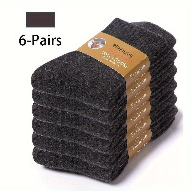 6 pairs of men's wool knit crew socks for autumn/winter, soft, warm, and breathable.