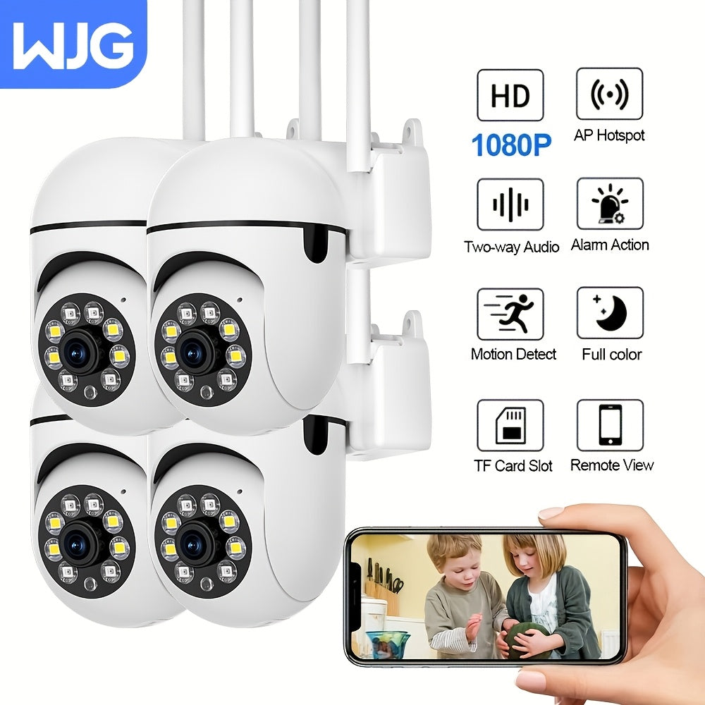 Get double the quality with the 4-Pack of WJG 2MP HD 1080P Wireless Security Cameras. These cameras feature Dual Band 2.4G+5G Wi-Fi connectivity, Motion Detection, Color Night Vision, Pan-Tilt AI Lighting, and 350° Horizontal & 90° Rotation capabilities.