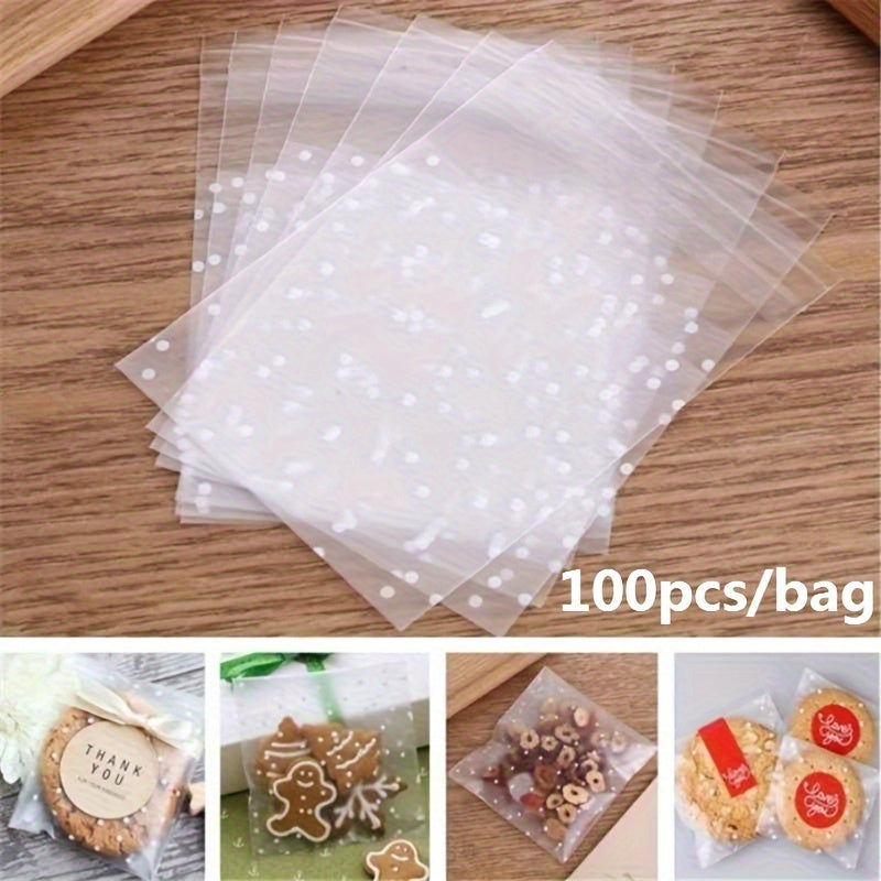 100 pieces of frosted self-adhesive bags with white dots designed for wrapping cakes, chocolates, candies, snacks, and other treats. These clear plastic treat bags can also be used as goodie bags, goody bags, and gift pouches for party supplies.