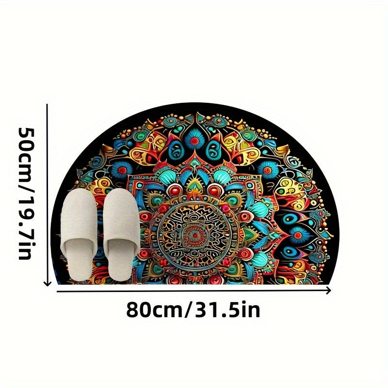 This outdoor doormat is made of finely woven high-density fine sand imitation cashmere material with a TPR bottom, featuring a half-round bohemian mandala element design. It is non-slip, wear-resistant, thick, soft, skin-friendly, and shedding-free