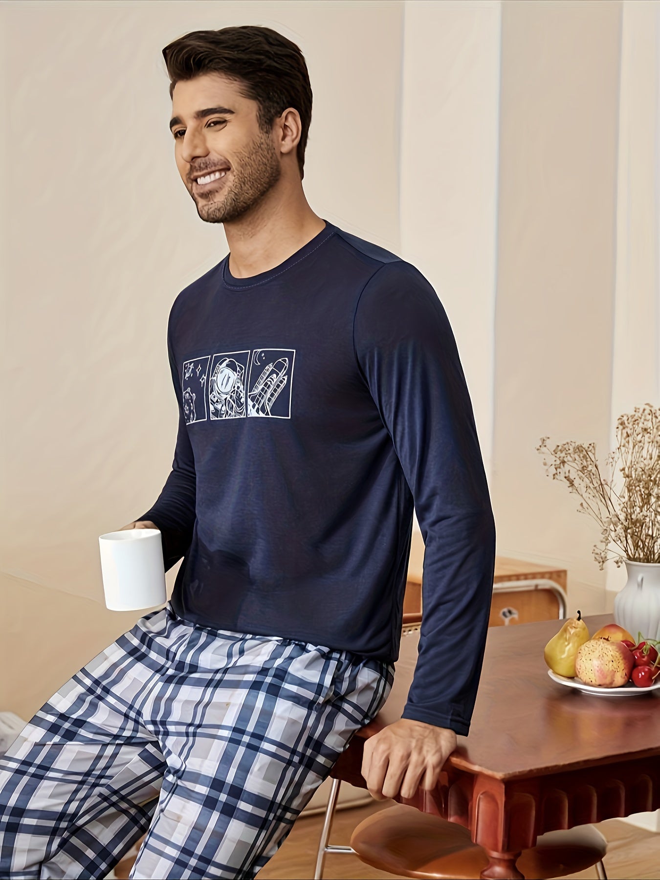 Men's Galaxy Print Crew Neck Pajama Set - Polyester Knit with Elastane, Cozy Plaid Long Sleeve Loungewear for Fall/Winter