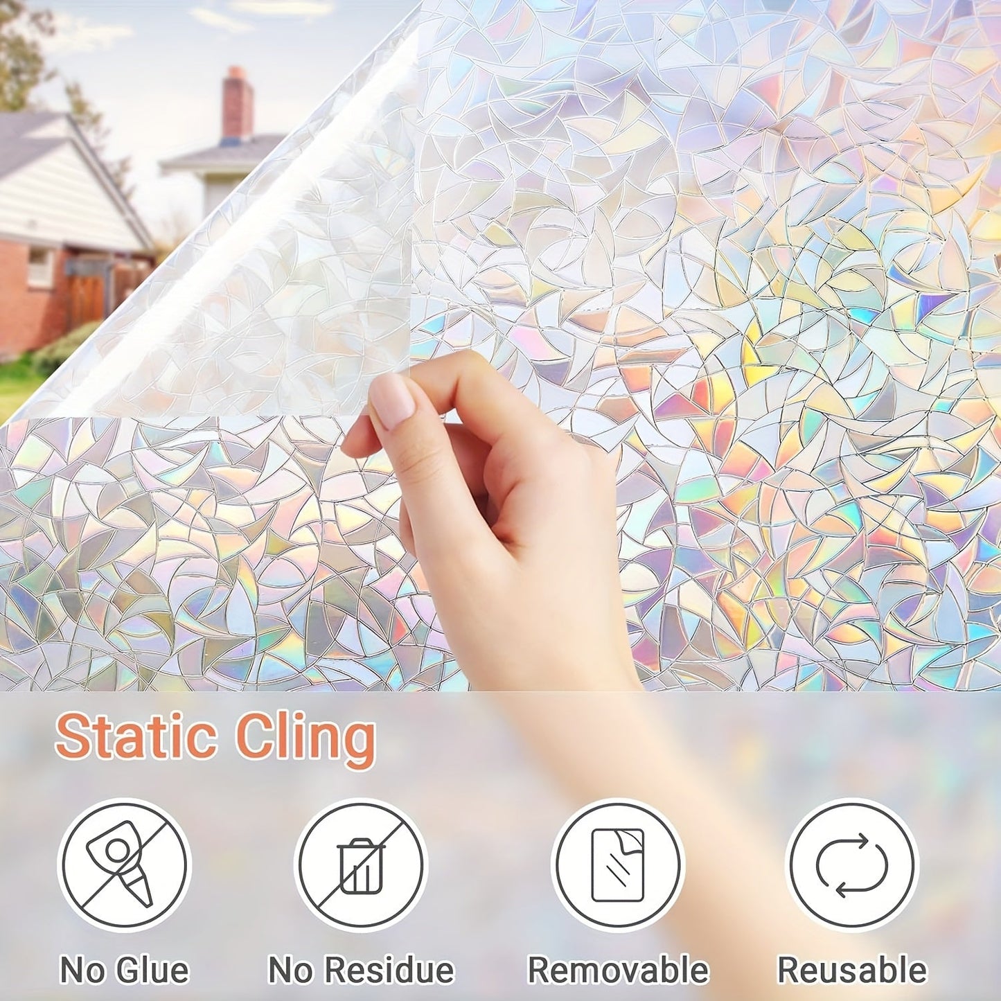 Retro Frosted Crescent Rainbow Pattern PVC Window Film with Static Cling Mounting and 7mil Thickness. Ideal for Heat-Insulation and Privacy in Home, Bathroom, and Kitchen. Adhesive-Free and Decorative 3D Glass Film.