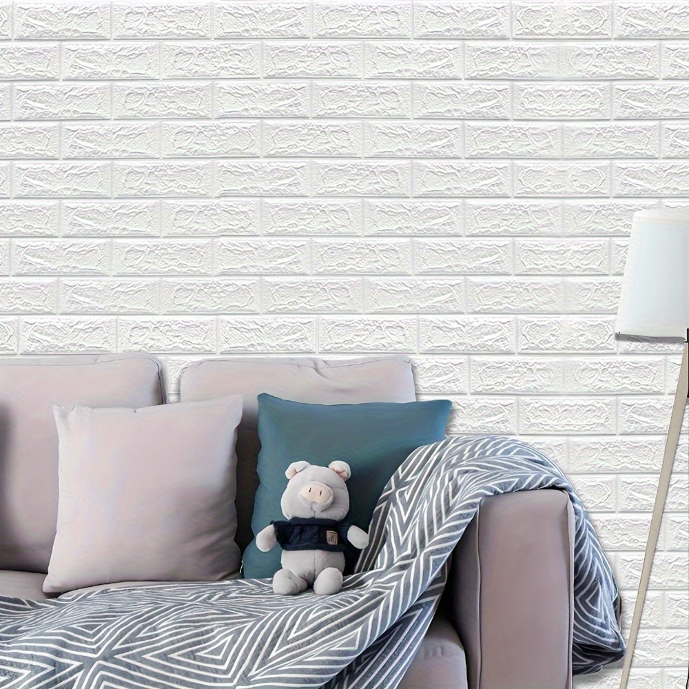 Waterproof self-adhesive wallpaper with 3D brick pattern, easy to apply for home renovation and bedroom decor.