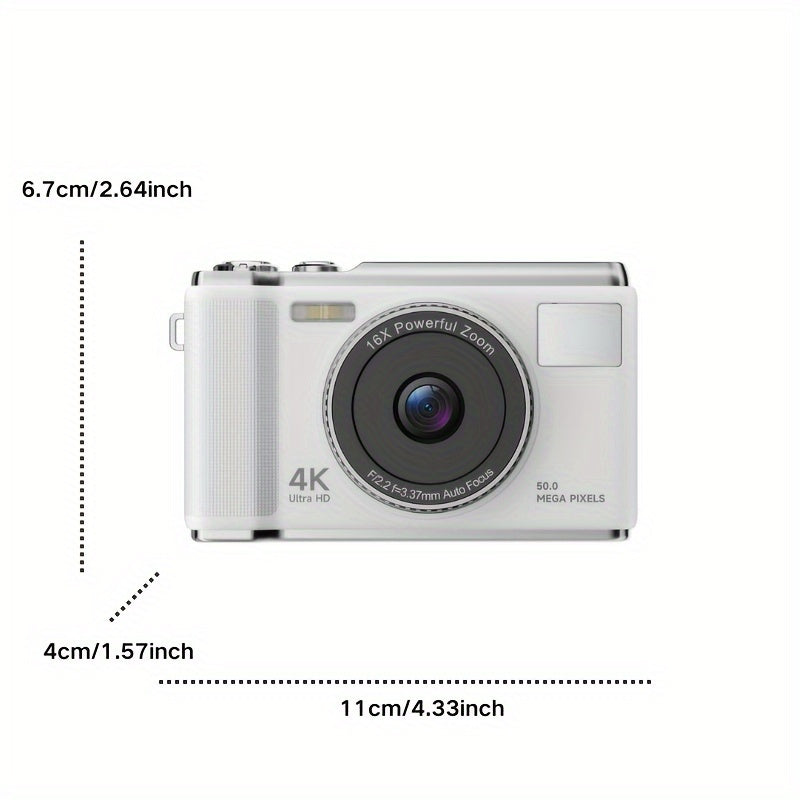 Compact digital camera with 4K resolution, 16X automatic zoom, LED flash, 7.11cm FHD screen, and 32GB SD card, ideal for teenagers and students.