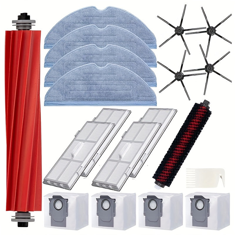 This kit includes 18 accessories that are compatible with the Roborock S7 MaxV Ultra/S7 Pro Ultra. The replacement parts include 1 main brush, 4 mop cloths, 4 filters, 4 side brushes, 4 dust bags, and 1 self-cleaning brush.