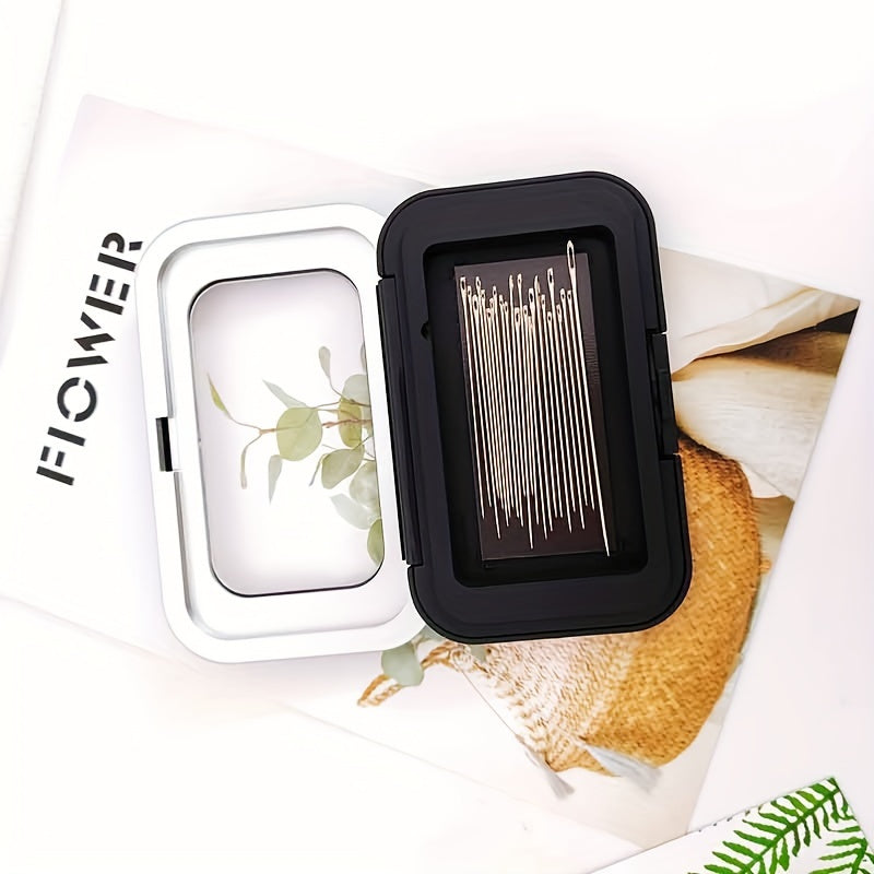 Black Magnetic Needle Box for cross stitch tools and accessories organization, frosted and ideal for needle collection and storage, perfect for embroidery and sweater stitching needs.