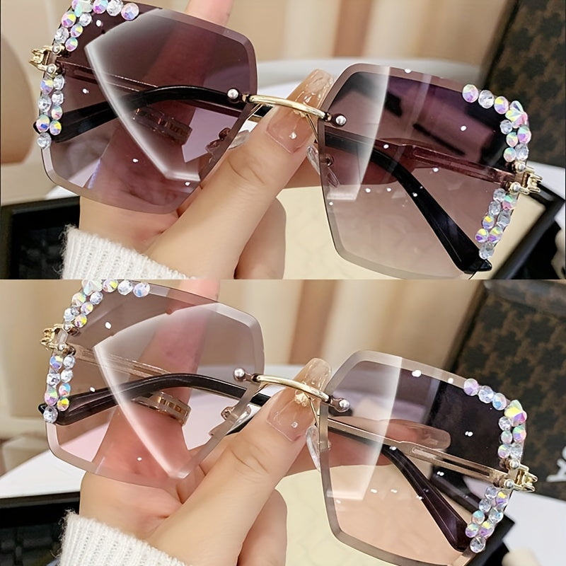 2 rhinestone rimless fashion glasses for women with gradient lenses, metal frames, and casual yet fashionable design.