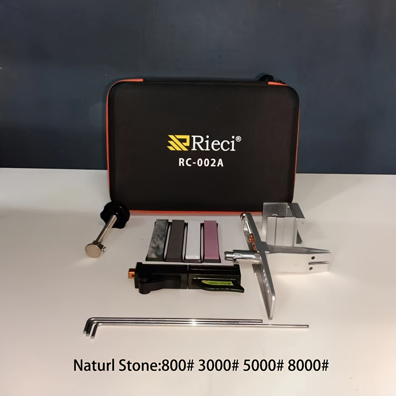 The Ricie RC-002A Professional Knife Sharpener Set features three diamond whetstones (240/800/2000#) for adjustable angles, making it a manual kitchen knife sharpening system. No electricity is needed thanks to its metal construction.