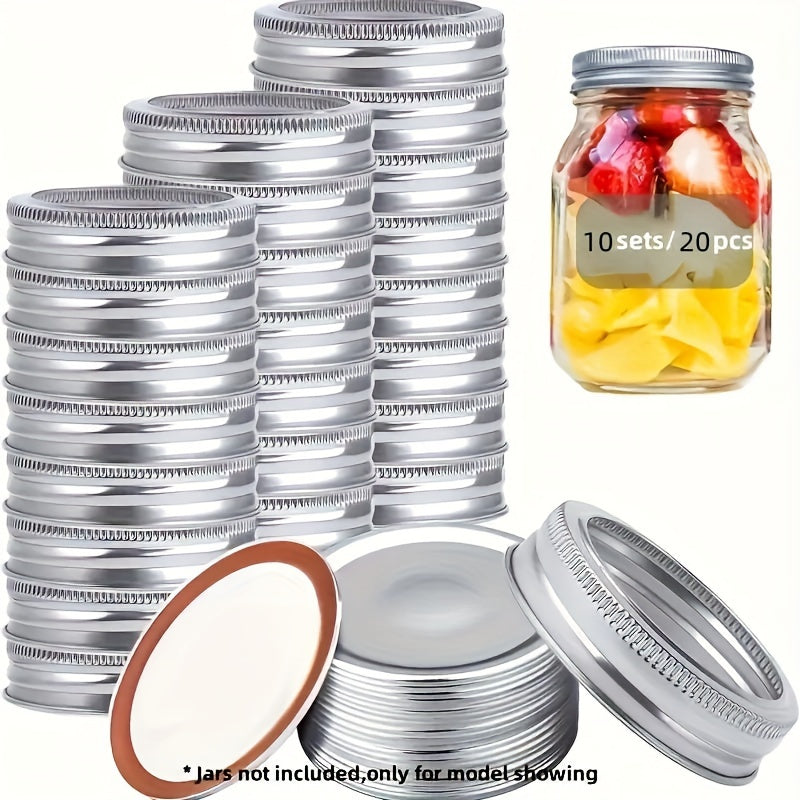 20 pieces/10 sets of can lids for both regular and wide mouth can sizes. These two-piece lids come with silicone sealing rings for leak-proof and safe storage. They are suitable for regular and wide mouth Mason jars, helping with kitchen organization and