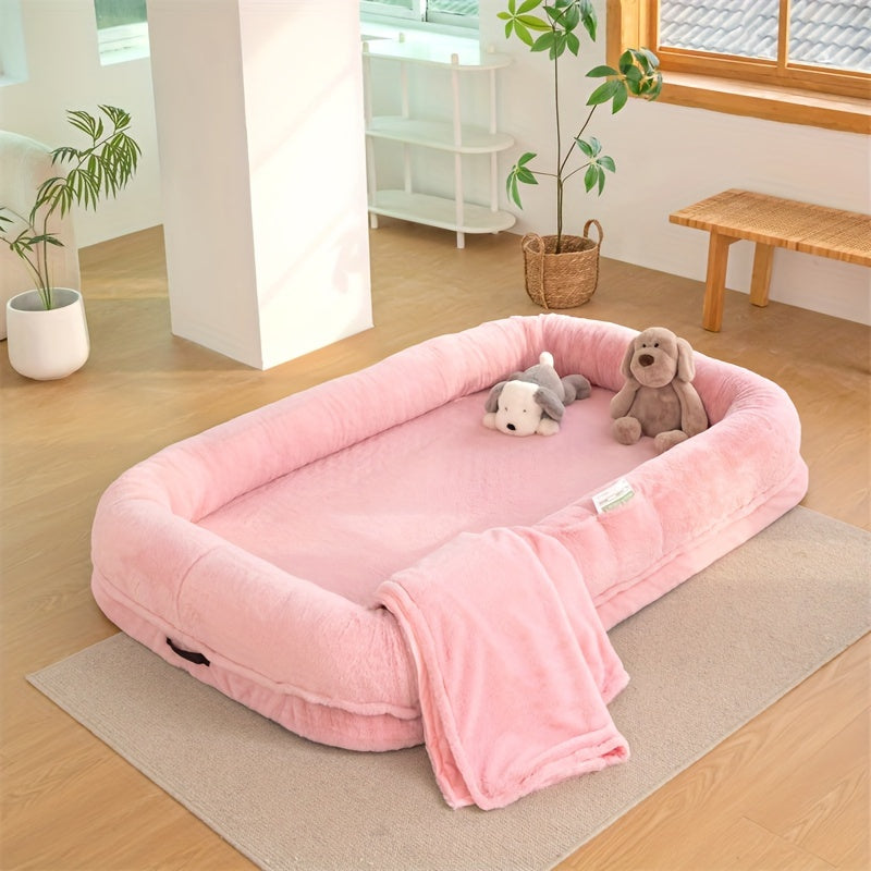 Oversized human & pet bed with memory foam fill and washable cover for medium to large breeds.