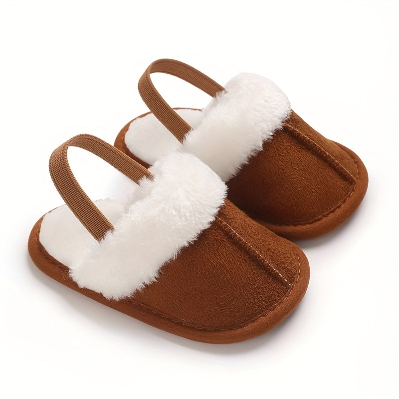 Soft and cozy plush baby girl slippers with non-slip sole for indoor comfort, perfect for 0-1 year olds in spring and fall.