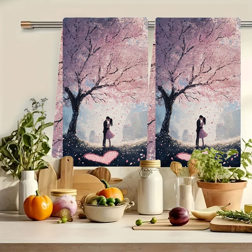 Kitchen Towels Ultra Soft, Set of 2, Featuring a Romantic Scene Under a Cherry Blossom Tree with Petals Falling as a Couple Kisses Beside a Heart Drawn in the Grass. Highly Absorbent Dish Hand Towels for Holiday Decor. Machine Washable, Measures 16x24