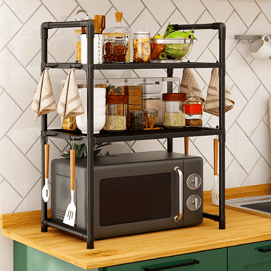 Adjustable Storage Solution for Countertops, Bedrooms, and Bathrooms - Durable PP Plastic Kitchen Organizer with Handle, Hooks, and Multi-Use Design - Perfect for Microwaves, Ovens, and More